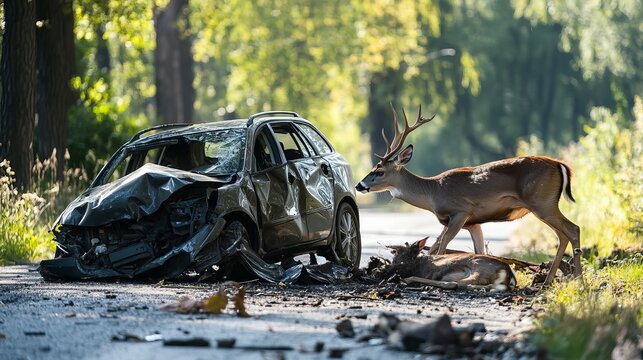 A car crashed into a deer that ran out of the woods.  The accident damaged the car and hurt the deer. This is a common problem where cars and wildlife meet.