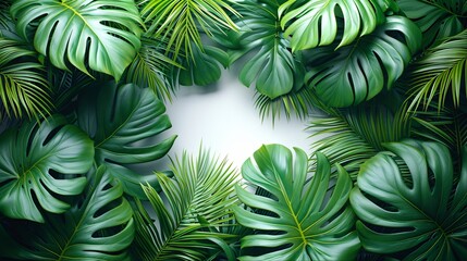 Lush green tropical leaves arranged in a frame around a white background.