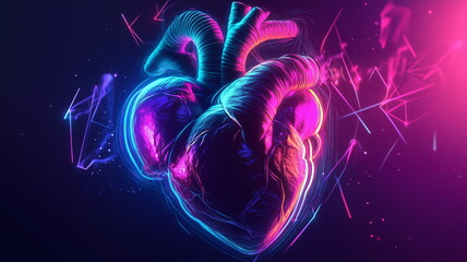 Futuristic medical illustration of a heart with neon lights and connected network patterns