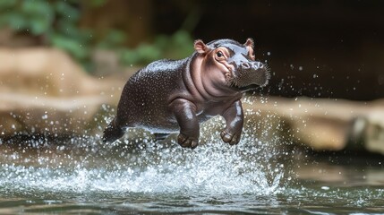 Fototapeta premium Playful Baby Pygmy Hippo Leaping into Water with Joy, Splashing and Creating Ripples