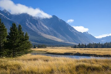 Obraz premium Picturesque Mountain Valley Landscape with River and Blue Sky