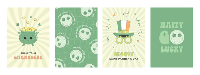 Set of St. Patrick's Day cards with cheerful messages. Pot of gold character, leprechaun hat, shamrock party glasses, funny emoji. Retro groovy style.