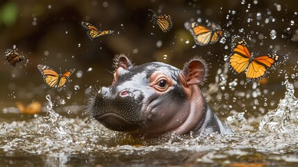Fototapeta premium Joyful Baby Pygmy Hippo Splashing and Playing with Butterflies in Nature