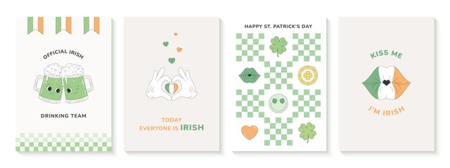 Set of St. Patrick's Day cards in retro groovy style, with funny inscriptions. Irish green beer, heart gesture, Irish kiss, four-leaf clover, gold coin.