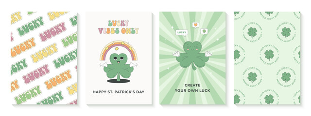 St. Patrick's Day holiday cards with cheerful messages. Cute cartoon shamrock characters in retro groovy style.