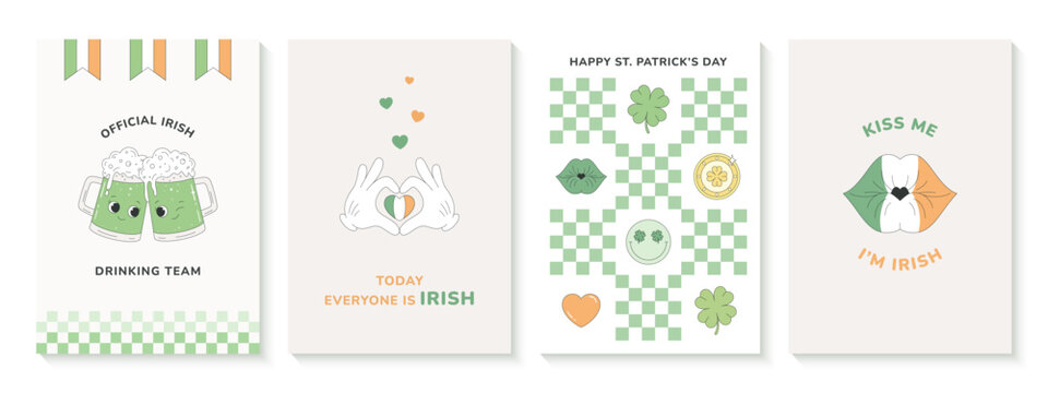 Set of St. Patrick's Day cards in retro groovy style, with funny inscriptions. Irish green beer, heart gesture, Irish kiss, four-leaf clover, gold coin.