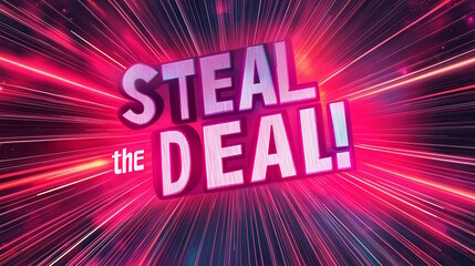 Explosive and vibrant "Steal the Deal!" sign shattering through glass with energy, symbolizing breakthrough sales or limited-time offers. Ideal for dynamic e-commerce campaigns