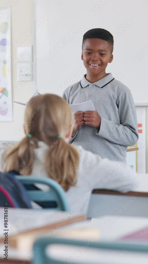 Poster Boy, classroom and talking for oral presentation, show and tell with learning, development and progress. Kid, education and assessment for public speaking with speech, notes and language at school