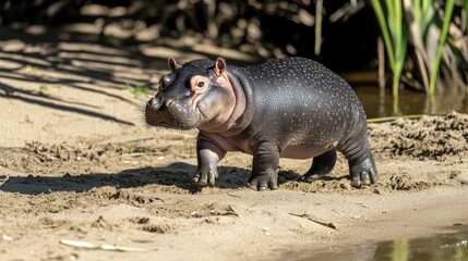 Fototapeta premium Playful Baby Pygmy Hippo Enjoying Shadows by the Riverbank
