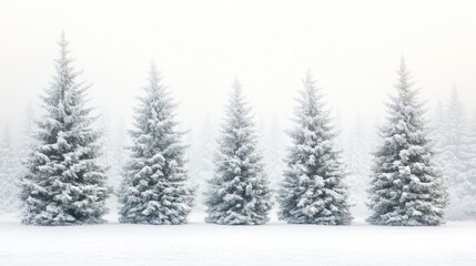 Fototapeta premium A serene winter landscape featuring snow-covered evergreen trees in a foggy setting.