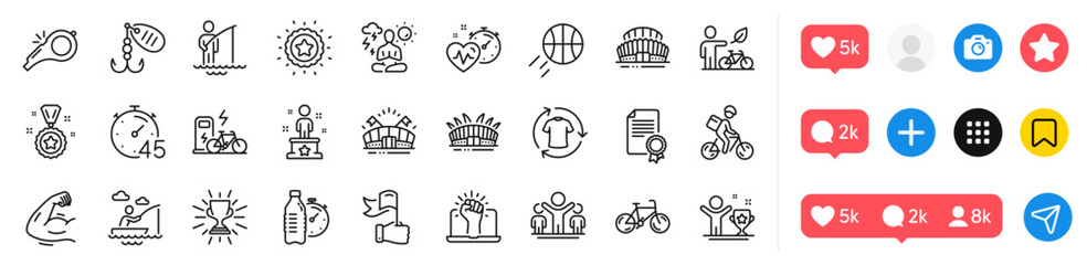 Sports stadium, Timer and Winner star line icons pack. Social media icons. Winner, Boat fishing, Yoga web icon. Arena stadium, Eco bike, Sports arena pictogram. Vector