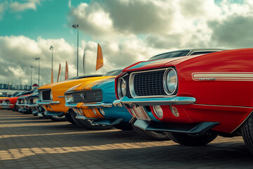 American muscle cars lined up under a cloudy sky during a vibrant car meet