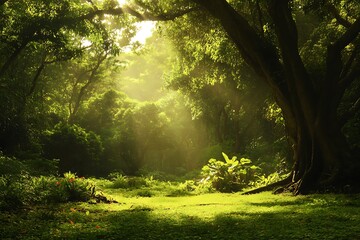 Obraz premium Sunlight streaming through trees in lush green forest. Nature, wilderness, tranquility, peace, beauty, background