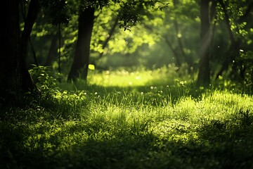 Sunlight through the trees in a lush green forest