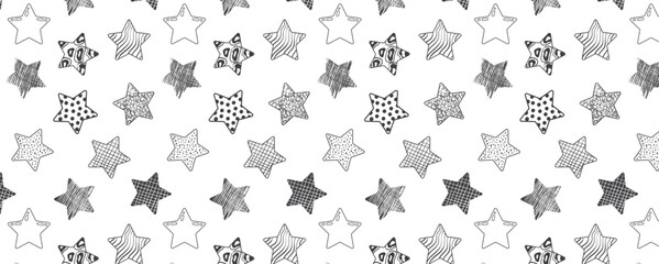 Hand drawn golden christmas stars pattern. Decorative new year festive elements. Vector star shape with different design for background and packaging paper.