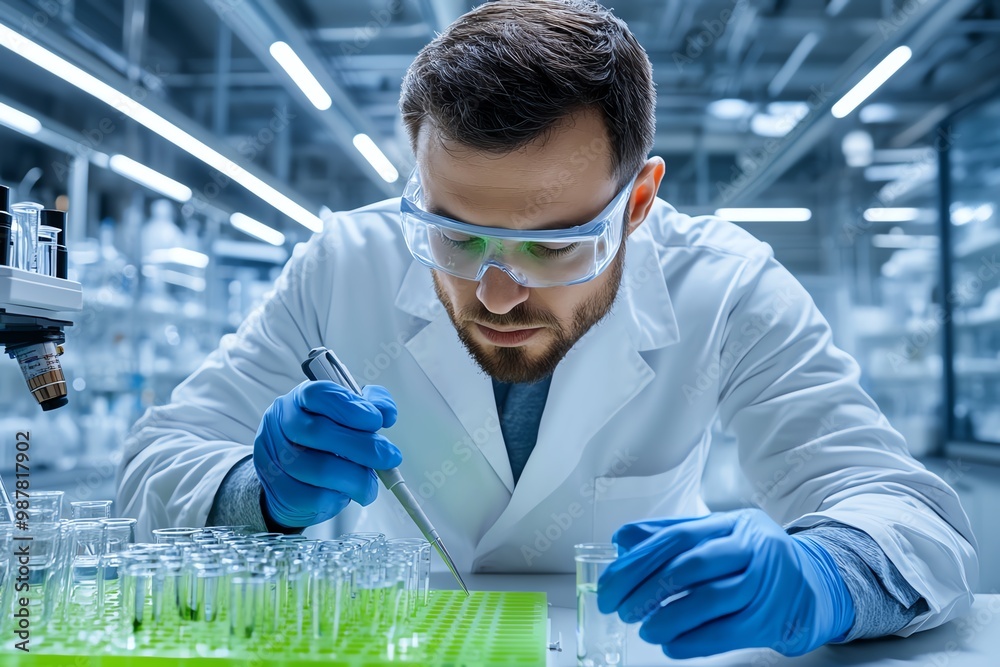 Aufkleber a scientist working in a high-tech lab, using advanced technology for research and innovation