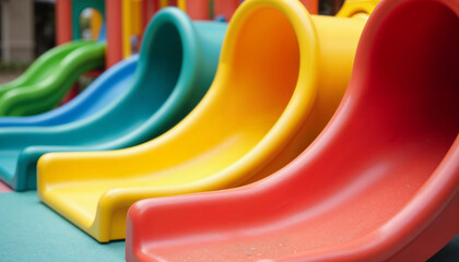 Close-up of vibrant children’s slides, highlighting safety and fun in a playful environment.






