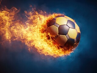 Fototapeta premium A flaming soccer ball in motion, symbolizing energy and excitement in sports.