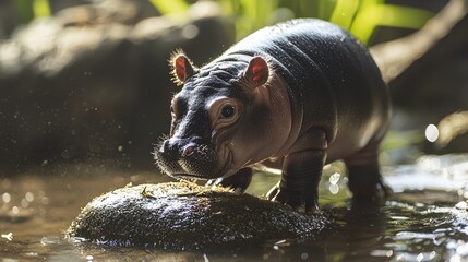 Fototapeta premium Joyful Baby Pygmy Hippo Playfully Rolling in Mud with Cheerful Expression and Muddy Body - Cute Animal Wildlife Photography