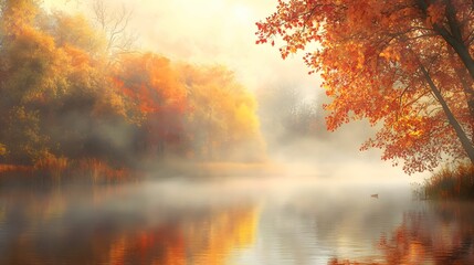 jesień, krajobraz, mgła, ciepłe kolory, drzewa, natura, poranek, mglista atmosfera, pejzaż, ilustracja, pomarańcz