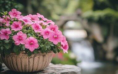 A terracotta pot filled with vibrant pink flowers sits on a stone ledge, with a blurry waterfall in the background.