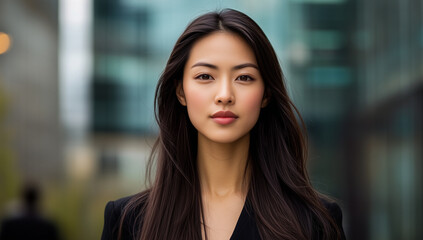 Fototapeta premium A confident Asian businesswoman stands outdoors in an urban setting, exuding professionalism