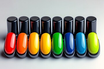 A set of colorful nail polishes arranged in a rainbow pattern, ready for a manicure session