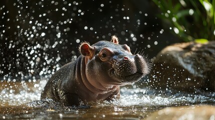 Fototapeta premium Playful Baby Pygmy Hippo Enjoying Water Splash under Sunlight
