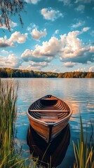 Naklejka premium Beautiful wooden boat resting on still lake waters picture