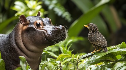 Obraz premium Curious Baby Pygmy Hippo Observing Small Bird in Lush Greenery Background