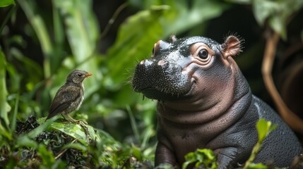 Fototapeta premium Curious Baby Pygmy Hippo Observing Small Bird in Lush Greenery