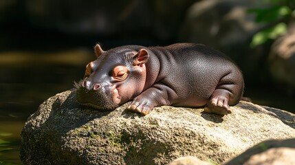 Fototapeta premium Serene Baby Pygmy Hippo Basking on Sunlit Rock by Tranquil Riverbank