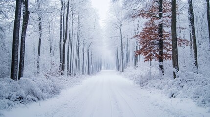 Naklejka premium White snow covers the forest trees and roads, creating a winter wonderland.