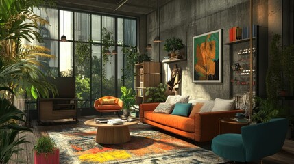 Modern Living Room with Concrete Walls, Large Windows, and Lush Greenery