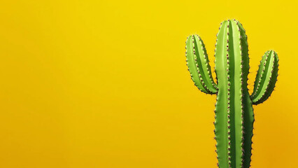 Naklejka premium Green cactus on yellow background, widescreen 16:9, 300 dpi, with free space for text
