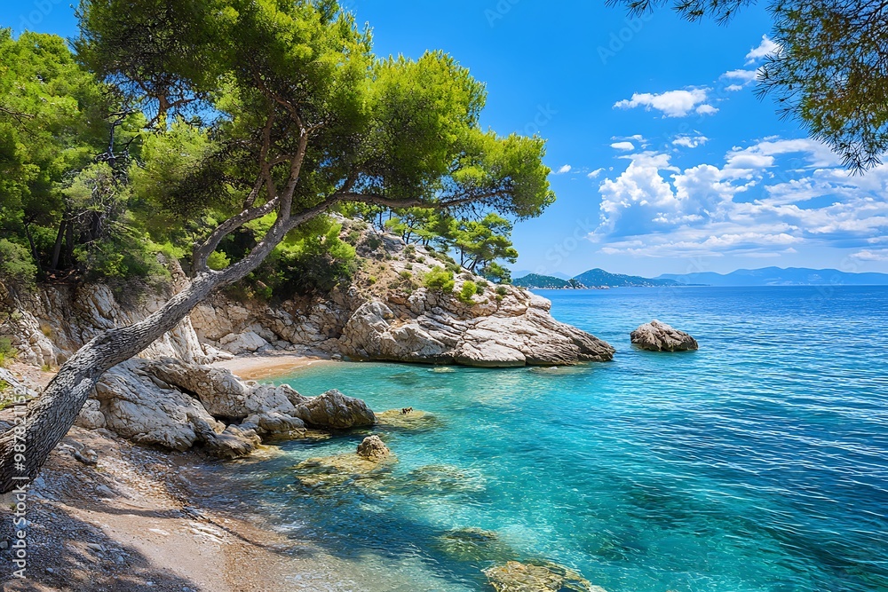 Canvas Prints Secluded cove with turquoise water, sandy beach, and pine tree canopy in Mediterranean Sea