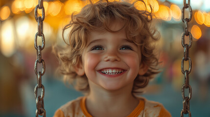 Joyful curly-haired toddler on swing, golden bokeh background