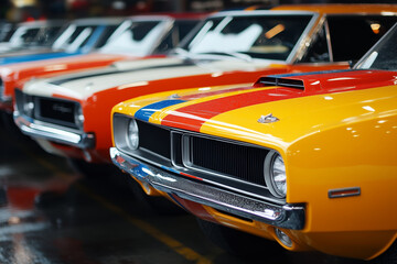 A vibrant lineup of classic muscle cars showcasing American automotive heritage at a car show
