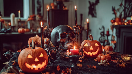 A skull, lit candles and carved pumpkins create a spooky Halloween centerpiece.