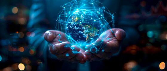 a business man's both palm is holding a digital globe with other technology icons, wifi icon and e mail icon and telephone icon and stock chart