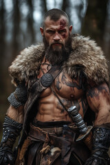 A muscular, bearded warrior with a sword and a fierce expression.