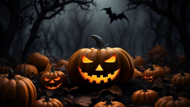 Halloween Jack-o-lantern pampkin with Glowing Eyes, Haunting Halloween, Spooky Halloween Night