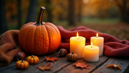 A cozy fall scene with glowing candles, pumpkins, and autumn decor for warmth.