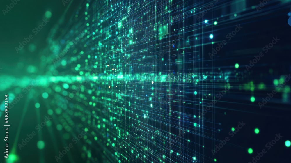 Poster abstract digital visualization with green particles and lines representing data flow.