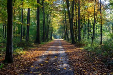 Fototapeta premium Sunlit Pathway Through Autumn Forest