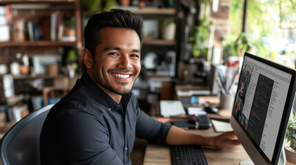 Fototapeta premium Smiling man working on computer with code on screen in office.