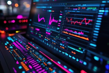 Fototapeta premium Stock market data displayed on a futuristic computer screen at night