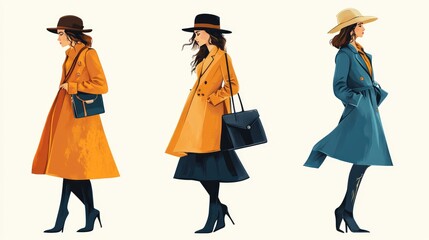 Elegant Women in Fashionable Coats and Hats Walking in Style