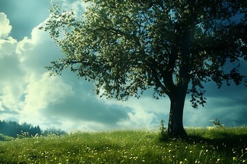 Fototapeta premium Lone tree in a field of green grass with a blue sky and white clouds in the background