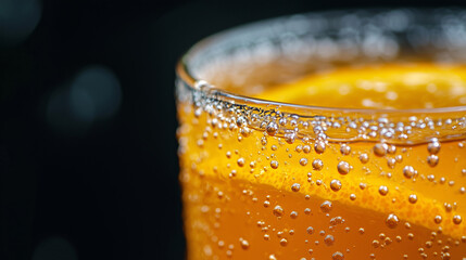 A captivating close-up of sparkling orange juice bubbles glistening against a dark backdrop